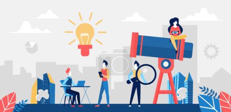 Illustration for Look for success business idea concept vector illustration. Cartoon tiny business partner people team looking for new business idea, goal achievement direction with telescope, partnership background - Royalty Free Image