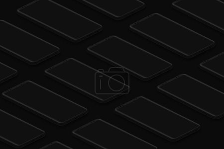 Photo for Black isometric realistic smartphones grid. Dark phones template for inserting UI interface or business presentation. Floating vector mock up design - Royalty Free Image