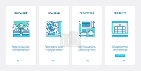 Illustration for Printing scanning equipment vector illustration. UX, UI onboarding mobile app page screen set with line document scanner with human head abstract symbol, printer offset machine for typography printery - Royalty Free Image