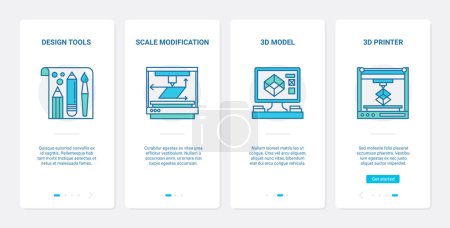 Illustration for Design equipment vector illustration. UX, UI onboarding mobile app page screen set with line designer tools and printery device 3d printer offset machine, computer model designing, scale modification - Royalty Free Image