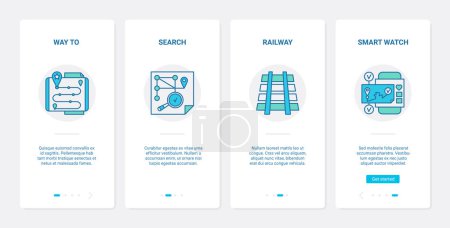 Photo for Gps navigation service vector illustration. UX, UI onboarding mobile app page screen set with line digital technology for phone to search way direction to location, railway, smart watch symbols - Royalty Free Image