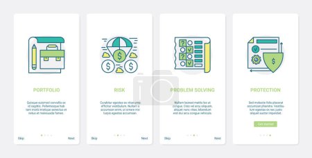 Photo for Finance problem solving technology vector illustration. UX, UI onboarding mobile app page screen set with line financial risk stability shield protection, digital portfolio, account management symbols - Royalty Free Image