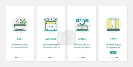 Photo for Bathroom home decor furniture vector illustration. UX, UI onboarding mobile app page screen set with line bath equipment, furnishing decoration collection, bathtub washbasin sink mirror closet symbols - Royalty Free Image