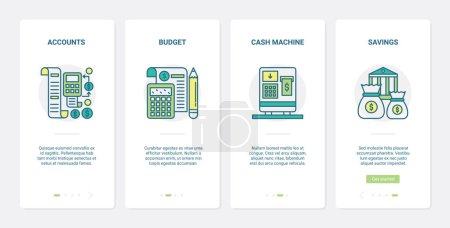 Photo for Online commerce, banking payment technology vector illustration. UX, UI onboarding mobile app page screen set with line bank account, savings budget, money cash machine ecommerce commercial symbols - Royalty Free Image