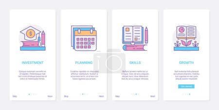 Photo for Investment in education vector illustration. UX, UI onboarding mobile app page screen set with line money investing in growth of skills, studying training in university, planning graduation symbols - Royalty Free Image