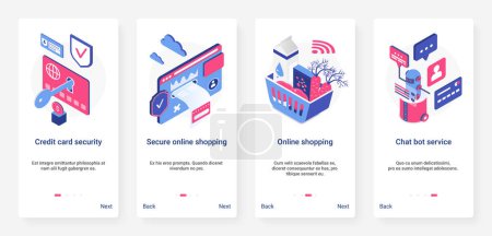Photo for Isometric safe online shopping, security digital technology vector illustration. UX, UI onboarding mobile app page screen set with cartoon 3d shopping services to secure credit card, purchase payment - Royalty Free Image