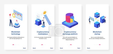 Photo for Isometric blockchain cryptocurrency startup technology vector illustration. UX, UI onboarding mobile app page screen set with cartoon 3d starting of crypto currency exchange platform, stock market - Royalty Free Image
