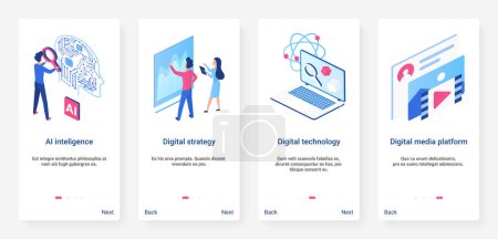 Photo for Isometric artificial intelligence concept vector illustration. UX, UI onboarding mobile app page screen set with cartoon 3d ai digital technology, big data analytics and digital media server platform - Royalty Free Image