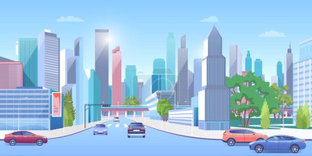 Ilustración de City downtown in summer urban panoramic cityscape, cars on road, modern town architecture street - Imagen libre de derechos