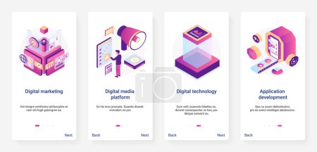 Photo for Isometric digital marketing application development vector illustration. UX, UI onboarding mobile app page screen set with cartoon 3d programming, social media platform research, seo technology - Royalty Free Image