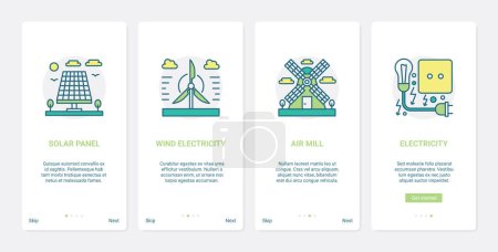 Photo for Renewable eco energy sources, environment technology vector illustration. UX, UI onboarding mobile app page screen set with line industrial solar panel, wind turbine windmill to get electricity - Royalty Free Image