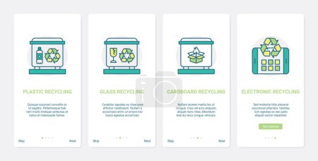 Photo for Zero waste, eco garbage recycling technology to save ecology vector illustration. UX, UI onboarding mobile app page screen set with line recycle plastic glass cardboard electronics, saving environment - Royalty Free Image