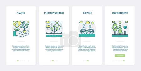 Photo for Eco green technology to save ecology vector illustration. UX, UI onboarding mobile app page screen set with line saving environment symbols, photosynthesis of plants, eco friendly bicycle transport - Royalty Free Image