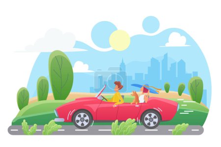 Téléchargez les illustrations : Couple avec chien en voiture cabriolet rouge voyage, voyage en famille le week-end - en licence libre de droit