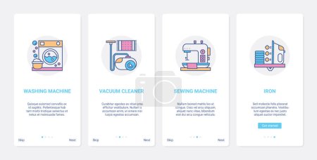 Photo for Home appliances for cleaning household work vector illustration. UX, UI onboarding mobile app page screen set with line technology, washing machine vacuum cleaner iron sewing machine to clean and wash - Royalty Free Image