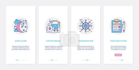 Photo for Business management, time coordination execution concept vector illustration. UX, UI onboarding mobile app page screen set with line coordinating tasks, good sleep coffee break abstract symbols - Royalty Free Image