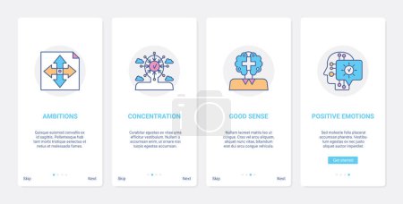 Photo for Successful businessman concept vector illustration. UX, UI onboarding mobile app page screen set with line ambition, concentration on business tasks, good sense and positive emotions abstract symbols - Royalty Free Image