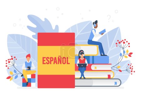 Téléchargez les illustrations : Cours d'espagnol en ligne, concept d'école ou d'université à distance - en licence libre de droit
