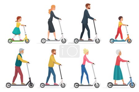 Photo for People on electric scooter set, cartoon characters riding ecologically clean urban vehicle - Royalty Free Image