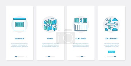 Illustration for Delivery post service, cargo shipping vector illustration. UX, UI onboarding mobile app page screen set with line barcode, postal box container parcel, air delivery shipment by plane abstract symbols - Royalty Free Image