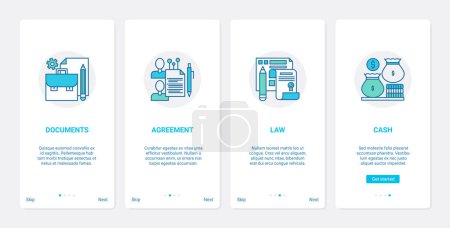 Photo for Legal law agreement documents, financial law concept vector illustration. UX, UI onboarding mobile app page screen set with line finance contract, money bag cash, signing of agreement abstract symbols - Royalty Free Image