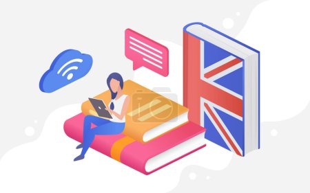 Photo for People learn language, education concept isometric vector illustration. Cartoon 3d tiny woman student character study, sitting on books stack with tablet or phone, learning English online background - Royalty Free Image