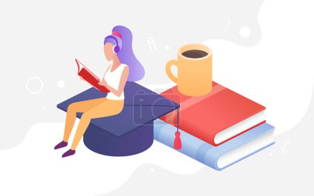 Photo for People study and read, education concept vector illustration. Cartoon isometric graduate student character studying, sitting on graduation cap with books or textbooks stack and coffee cup background - Royalty Free Image