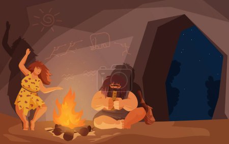 Illustration for Stone age primitive family people sit by fire vector illustration. Cartoon primeval caveman character playing ancient musical instrument, neanderthal woman dancing near bonfire in cave background - Royalty Free Image