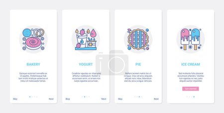 Photo for Pastry shop, confectionery fastfood sweet menu vector illustration. UX, UI onboarding mobile app page screen set with line ice cream gelato yogurt pie, bakery confections food products symbols - Royalty Free Image