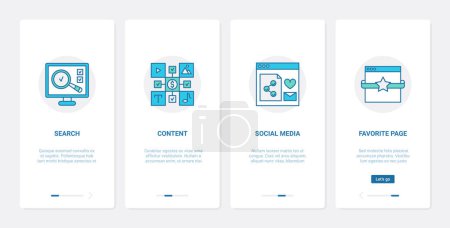 Photo for Search optimization of web content, digital marketing technology vector illustration. UX, UI onboarding mobile app page screen set with line searching process in social media, favorite webpage - Royalty Free Image