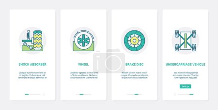 Illustration for Car vehicle parts, automotive transport repair service vector illustration. UX, UI onboarding mobile app page screen set with line auto car shock absorber, automobile wheel and brake disc symbols - Royalty Free Image