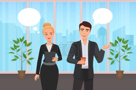 Photo for Office corporate workers, couple people communicate vector illustration. Cartoon happy professional businessman and businesswoman communicating together with chat message bubbles overhead background - Royalty Free Image