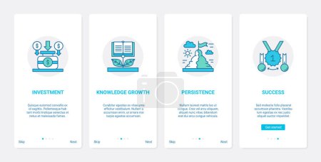 Photo for Education investment vector illustration. UX, UI onboarding mobile app page screen set with line educational symbols, investing money in persistent learning and systematization of knowledge growth - Royalty Free Image