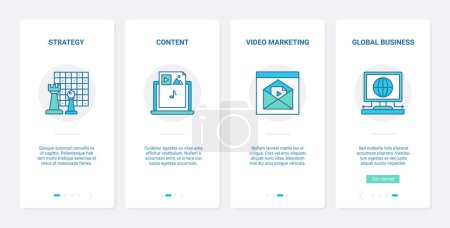 Photo for Content business strategy, video marketing technology vector illustration. UX, UI onboarding mobile app page screen set with line modern technology for digital internet vlog, video stream advertising - Royalty Free Image