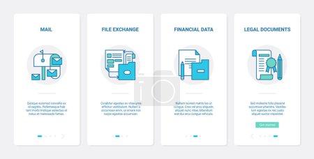 Photo for Business office file exchange vector illustration. UX, UI onboarding mobile app page screen set with line financial data report storage, legal finance document transfer and management, law contract - Royalty Free Image