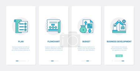 Photo for Business plan, development technology vector illustration. UX, UI onboarding mobile app page screen set with line planning and analysis of financial budget, developing digital account finance system - Royalty Free Image