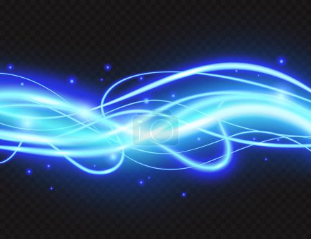 Photo for Cold blue plazma glow lines light effect decor vector illustration. Luxury glowing energy banner design with swirl abstract bright shine waves decoration, neon sparkle shimmer on black background - Royalty Free Image