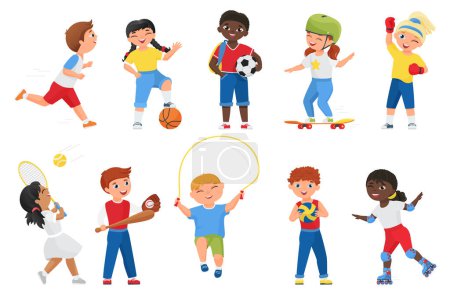 Photo for Happy kids do sports exercises vector illustration. Cartoon sportive boy girl child characters run marathon, roller skate or skateboard, jump rope, play soccer tennis baseball games isolated on white - Royalty Free Image