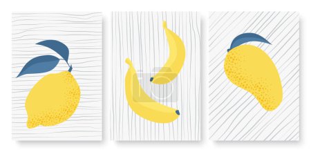 Photo for Abstract simple trendy minimal tropical yellow fruits vector illustration set. Minimalist lemon banana mango from tropics on background with hand drawn thin lines, template for social media stories - Royalty Free Image