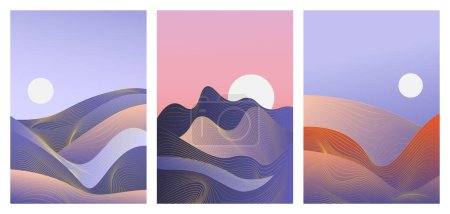 Photo for Abstract simple blue waves in minimal gradient nature landscape vector illustration set. Minimalist wavy night scenery and purple sky in vertical modern template background for social media stories - Royalty Free Image