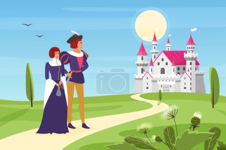 Photo for Prince and princess walk road to royal castle vector illustration. Cartoon happy young man and woman characters in rich medieval clothes walking to fortress through green fields and meadows background - Royalty Free Image