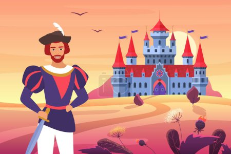 Photo for Prince in medieval clothes standing next to fantasy castle in fairytale landscape vector illustration. Cartoon happy young prince man character wearing colorful rich robes of lord and sword background - Royalty Free Image