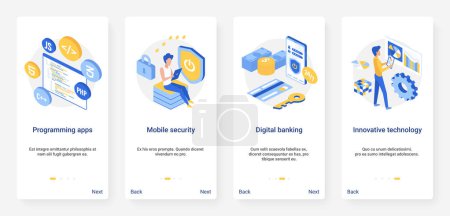 Photo for Security digital banking innovative technology isometric vector illustration. UX, UI onboarding mobile app page screen set with 3d innovations in bank service, programming, mobile bank app development - Royalty Free Image