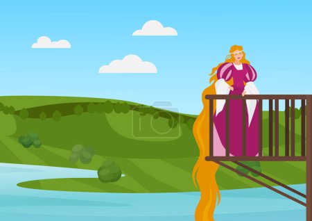 Photo for Beautiful princess on balcony vector illustration. Cartoon happy rapunzel character with long hair standing on balcony of magic palace or medieval castle and smiling, fairy tale story background - Royalty Free Image