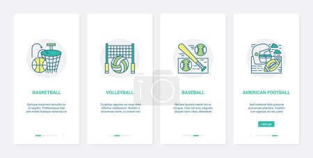 Photo for Sport equipment vector illustration. UX, UI onboarding mobile app page screen set with line balls for basketball volleyball rugby american football baseball group field games, basket bat symbols - Royalty Free Image