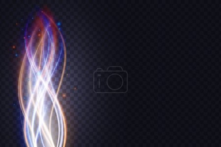 Photo for Luminous energy wavy lines, abstract light effect vector illustration. Glowing white orange blue neon vertical stream waves, dazzle glow trail with magic swirl shape on transparent black background - Royalty Free Image