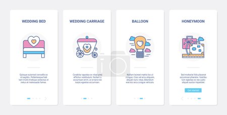 Photo for Wedding, honeymoon travel vector illustration. UI, UX onboarding mobile app page screen set with line bed for love night of married couple, car carriage for wedding day celebration party, trip cruise - Royalty Free Image