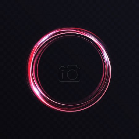Photo for Luminous vibrant neon circle ring, abstract glowing light effect vector illustration. Shiny storm trace round swirl, swirling lines trails, twinkle motion element on transparent black background - Royalty Free Image
