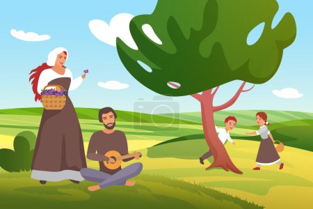 Photo for Medieval farmer peasants family vector illustration. Cartoon happy father and mother villagers characters spend time in green farm village field, children play, man playing guitar for woman background - Royalty Free Image