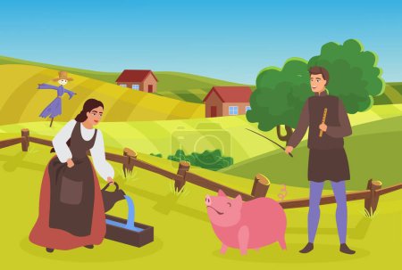 Photo for Medieval farmer family or couple people work in village vector illustration. Cartoon shepherd herdsman character grazing pig, peasant woman feeding domestic animal, happy villagers working background - Royalty Free Image